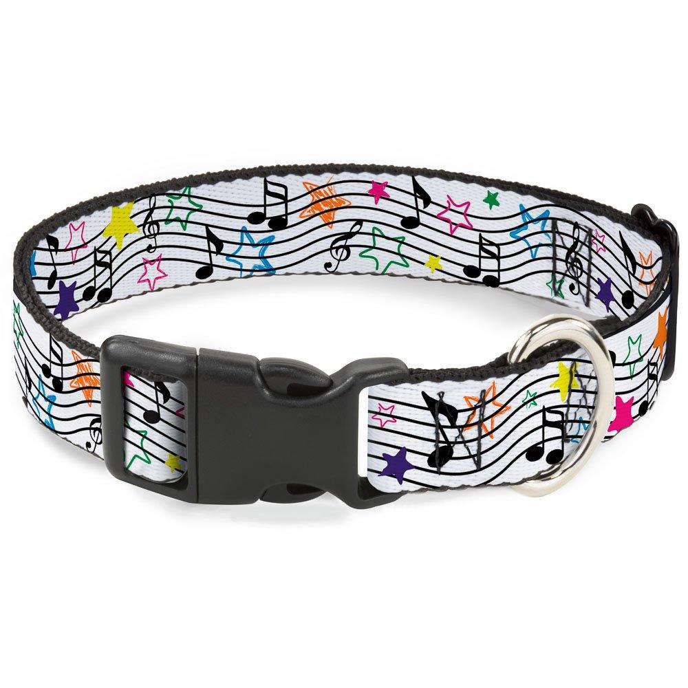 [Australia] - Buckle-Down Dog Collar Plastic Clip Music Notes Stars White Black Multi Color Available in Adjustable Sizes for Small Medium Large Dogs 1/2" Wide - Fits 6-9" Neck - Small 