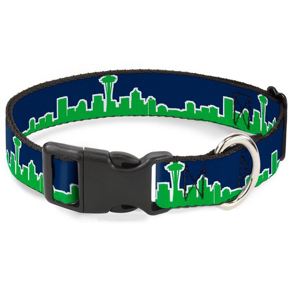 [Australia] - Buckle-Down Plastic Clip Collar - Seattle Skyline Navy/Bright Green - 1/2" Wide - Fits 6-9" Neck - Small 