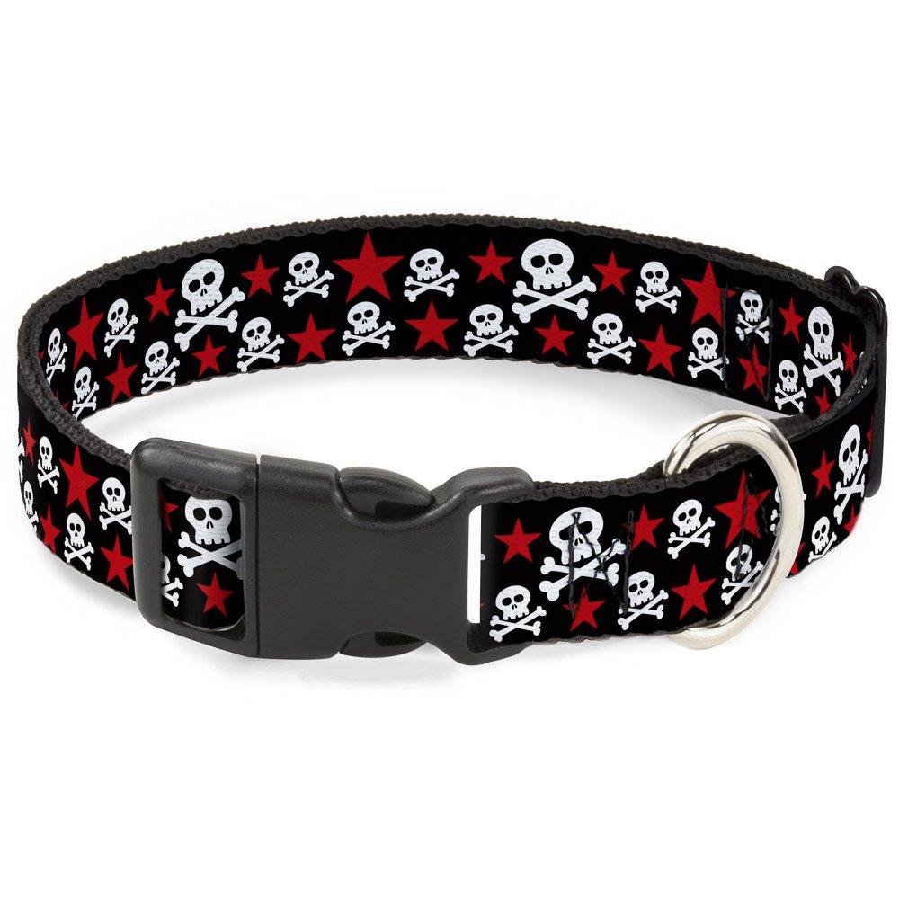 [Australia] - Buckle-Down Plastic Clip Collar - Skulls & Stars Black/White/Red - 1/2" Wide - Fits 9-15" Neck - Large 1.5" Wide - Fits 16-23" Neck - Medium 