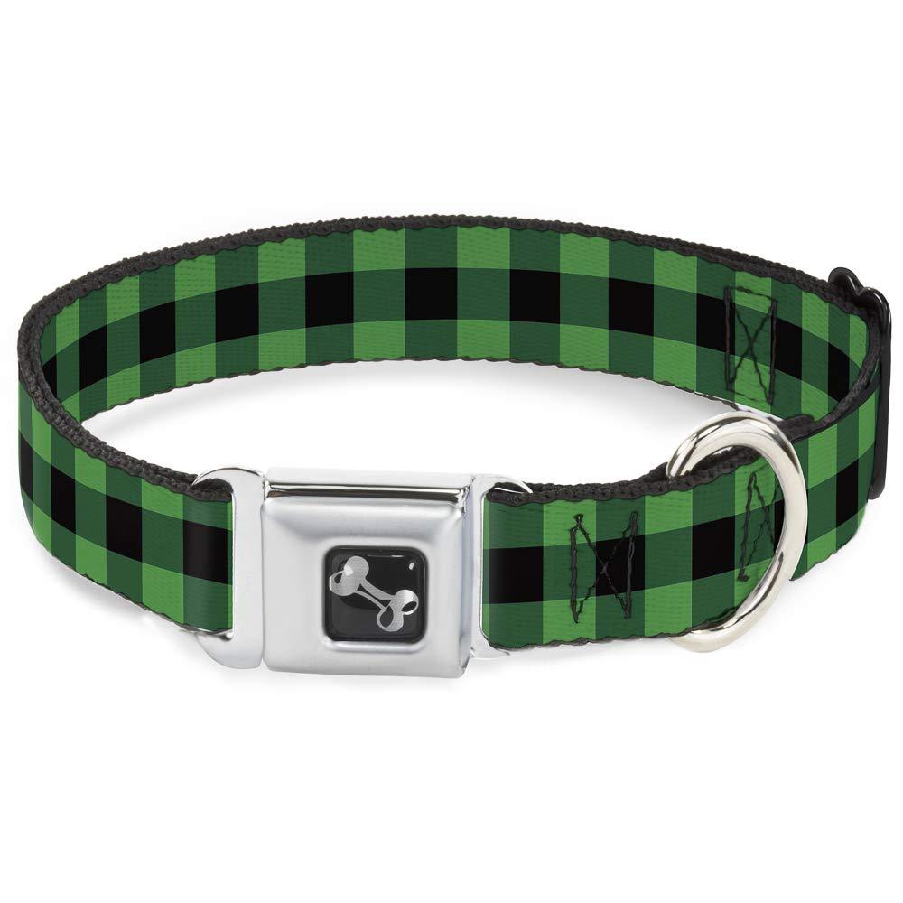 [Australia] - Buckle-Down Seatbelt Buckle Dog Collar - Buffalo Plaid Black/Neon Green 1.5" Wide - Fits 16-23" Neck - Medium 