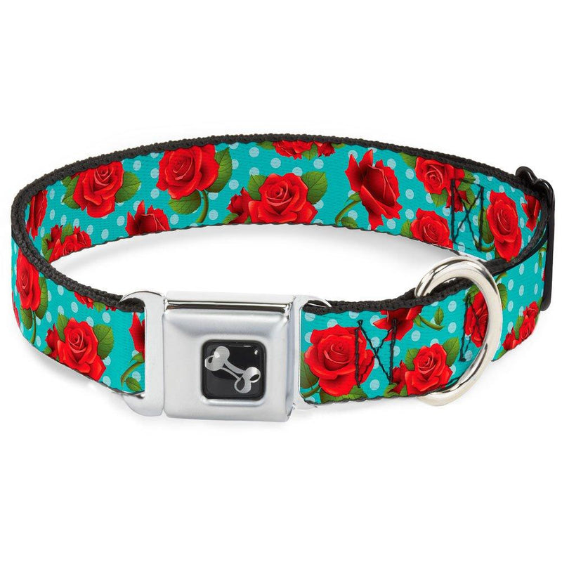 [Australia] - Dog Collar Seatbelt Buckle Red Roses Polka Dots Turquoise 9 to 15 Inches 1.0 Inch Wide 1" Wide - Fits 11-17" Neck - Medium 