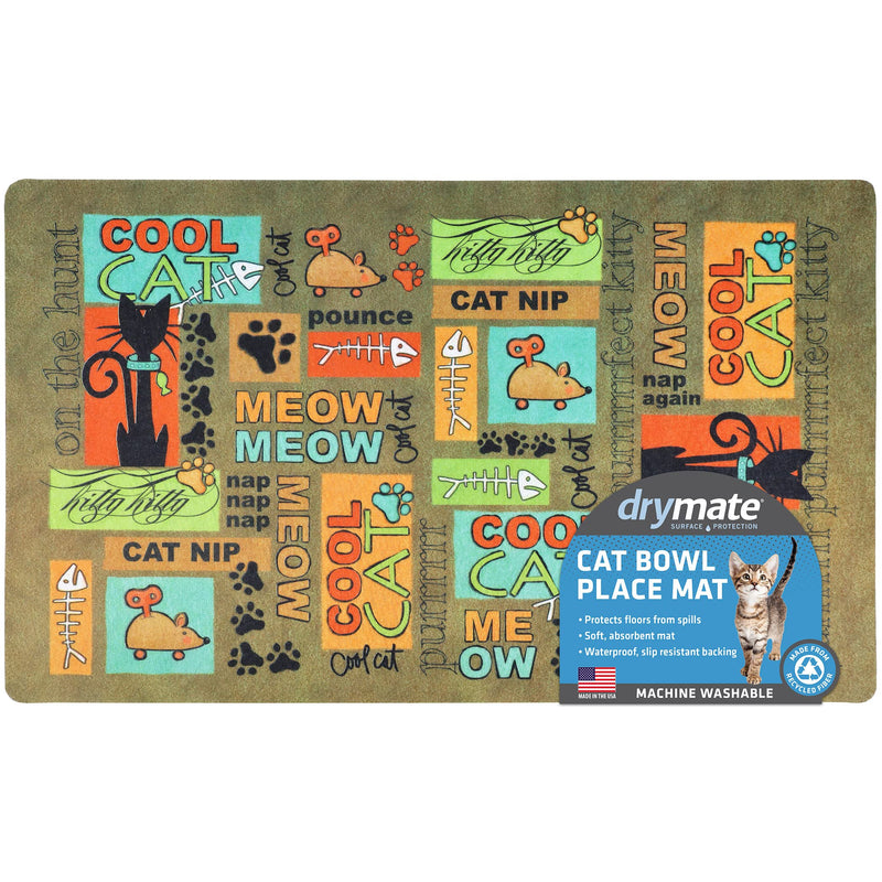 Drymate Cat Bowl Placemat, Pet Food Feeding Mat - Absorbent Fabric, Waterproof Backing, Slip-Resistant - Machine Washable/Durable (USA Made) Small (12" x 20") Cool Cat Brown - PawsPlanet Australia