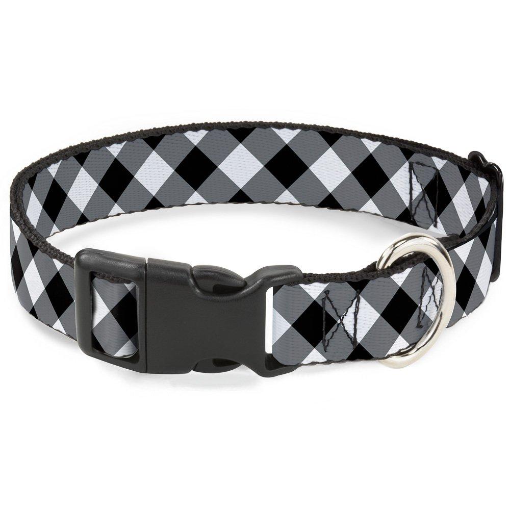 [Australia] - Buckle-Down Dog Collar Plastic Clip Diagonal Buffalo Plaid Black White Available in Adjustable Sizes for Small Medium Large Dogs 1/2" Wide - Fits 6-9" Neck - Small 