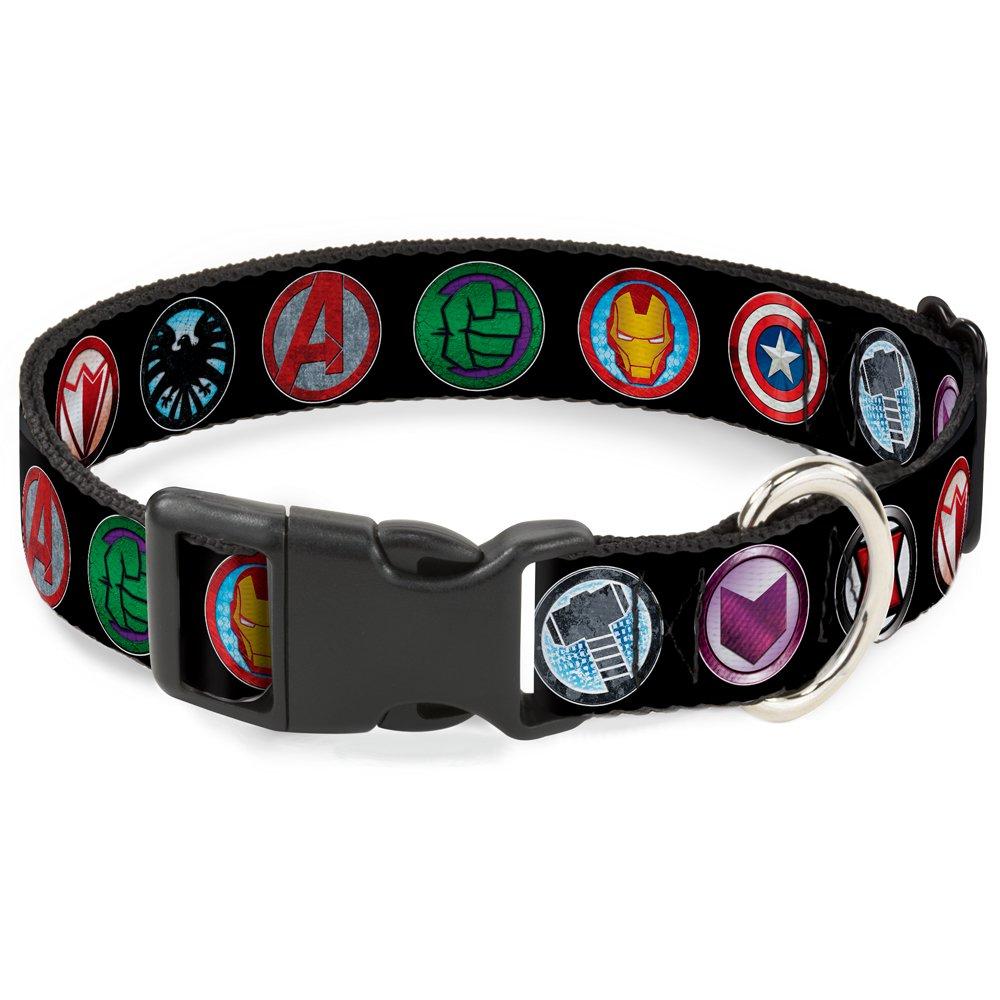 [Australia] - Buckle-Down Dog Collar Plastic Clip 9 Avenger Icons Black Multi Color Available in Adjustable Sizes for Small Medium Large Dogs 1/2" Wide - Fits 6-9" Neck - Small 