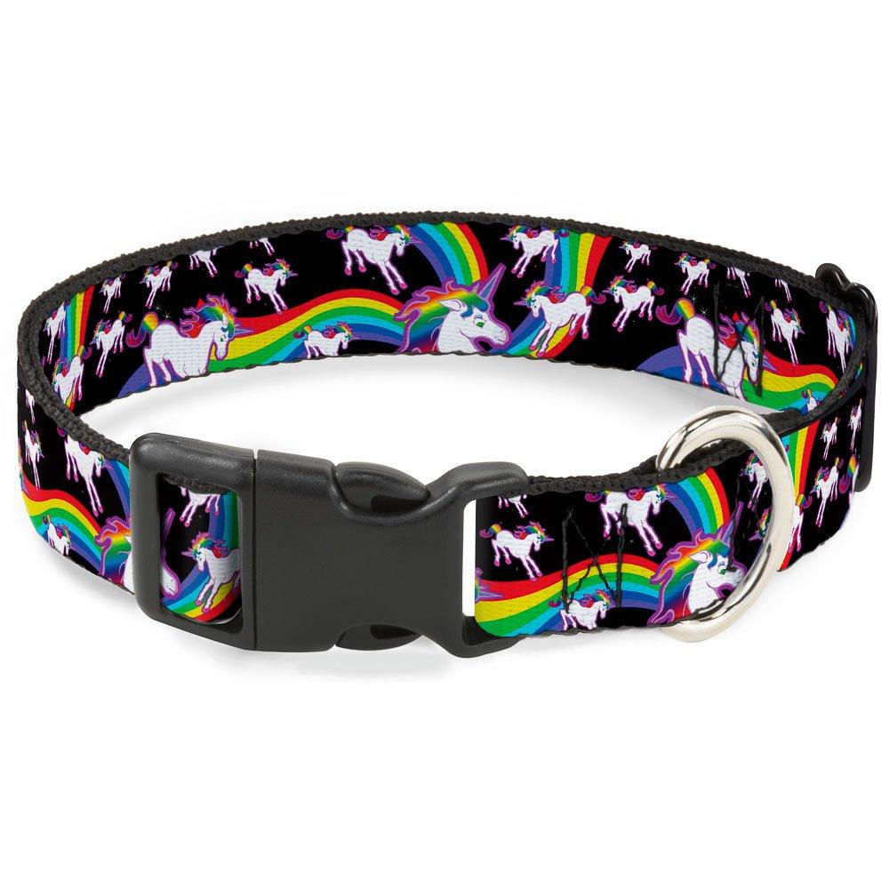 [Australia] - Buckle-Down Plastic Clip Collar - Unicorns/Rainbow Swirl Black - 1/2" Wide - Fits 6-9" Neck - Small 