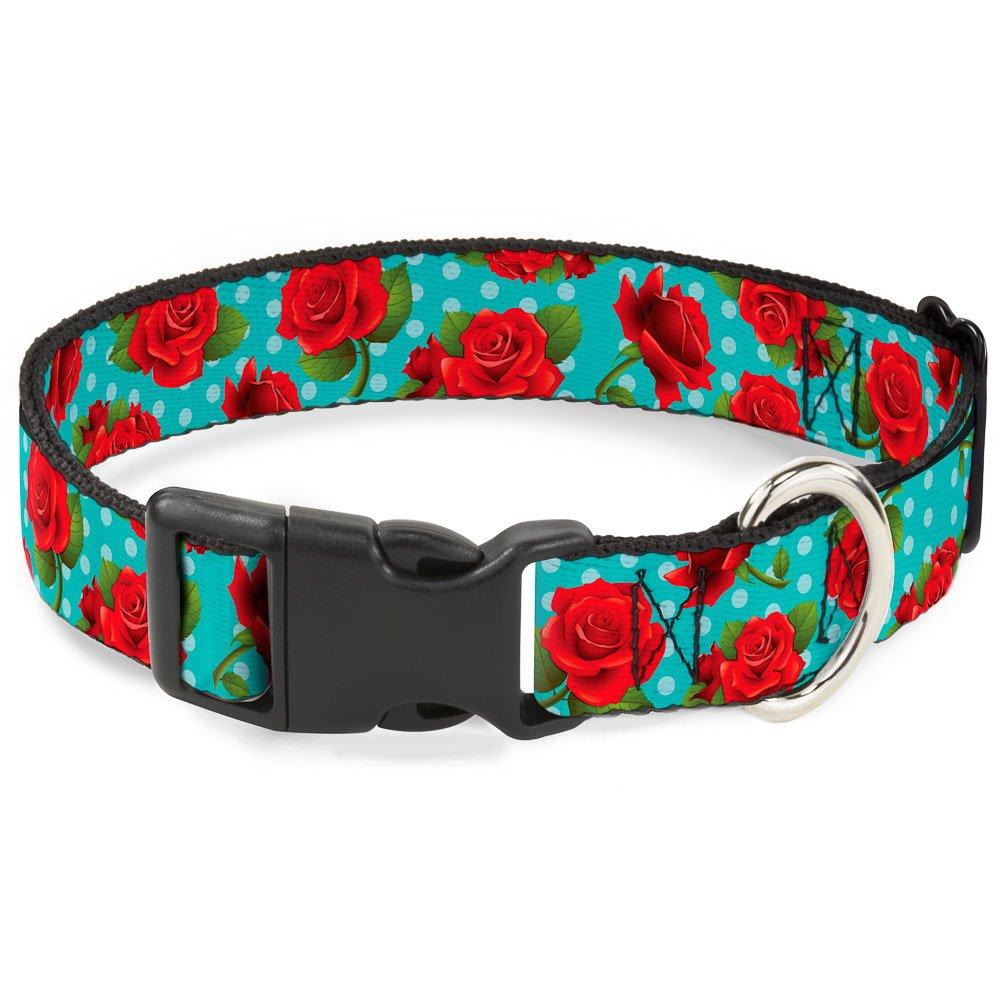 [Australia] - Buckle-Down Plastic Clip Collar - Red Roses/Polka Dots Turquoise - 1/2" Wide - Fits 8-12" Neck - Medium 1" Wide - Fits 15-26" Neck - Large 