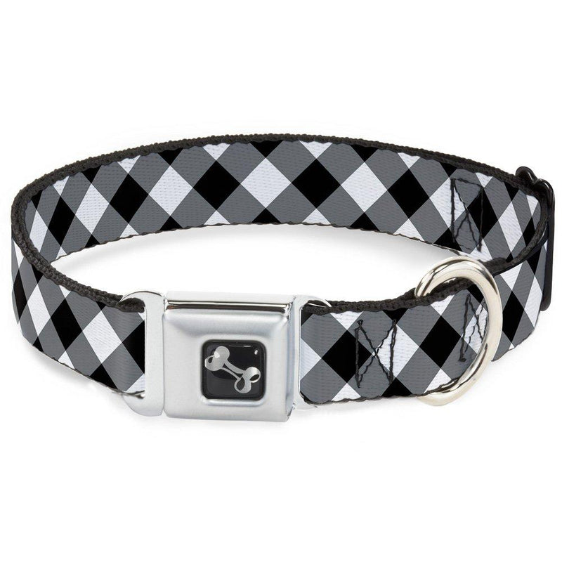 [Australia] - Dog Collar Seatbelt Buckle Diagonal Buffalo Plaid Black White 16 to 23 Inches 1.5 Inch Wide 