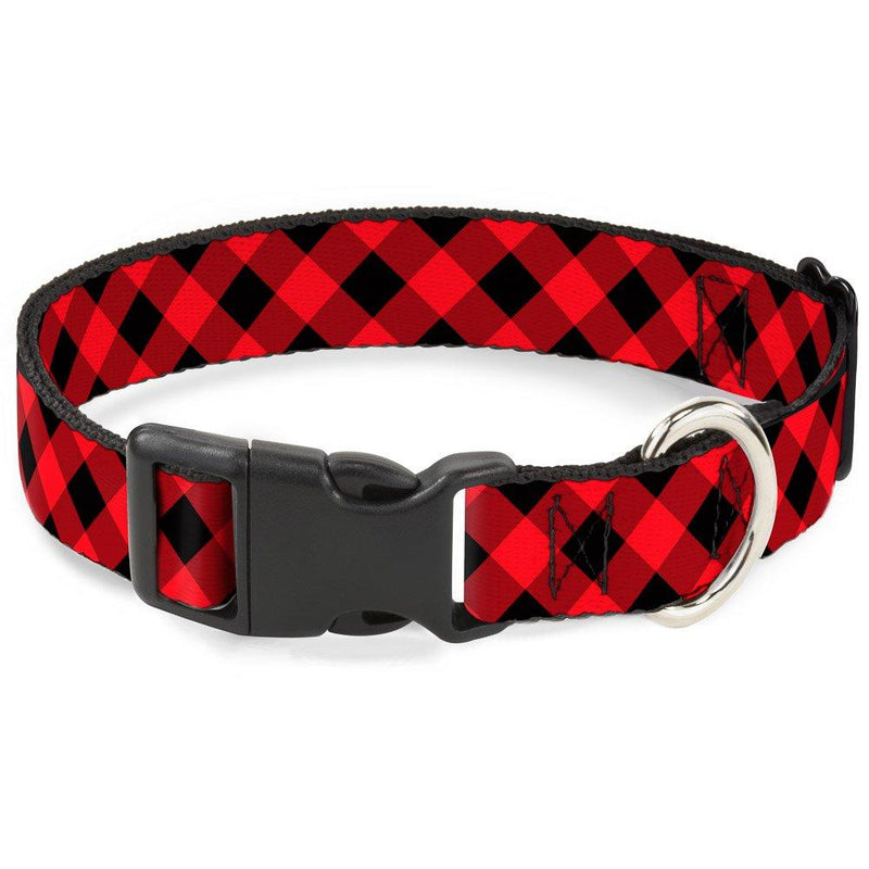 Buckle-Down Dog Collar Plastic Clip Diagonal Buffalo Plaid Black Red Available in Adjustable Sizes for Small Medium Large Dogs 1" Wide - Fits 9-15" Neck - Small - PawsPlanet Australia