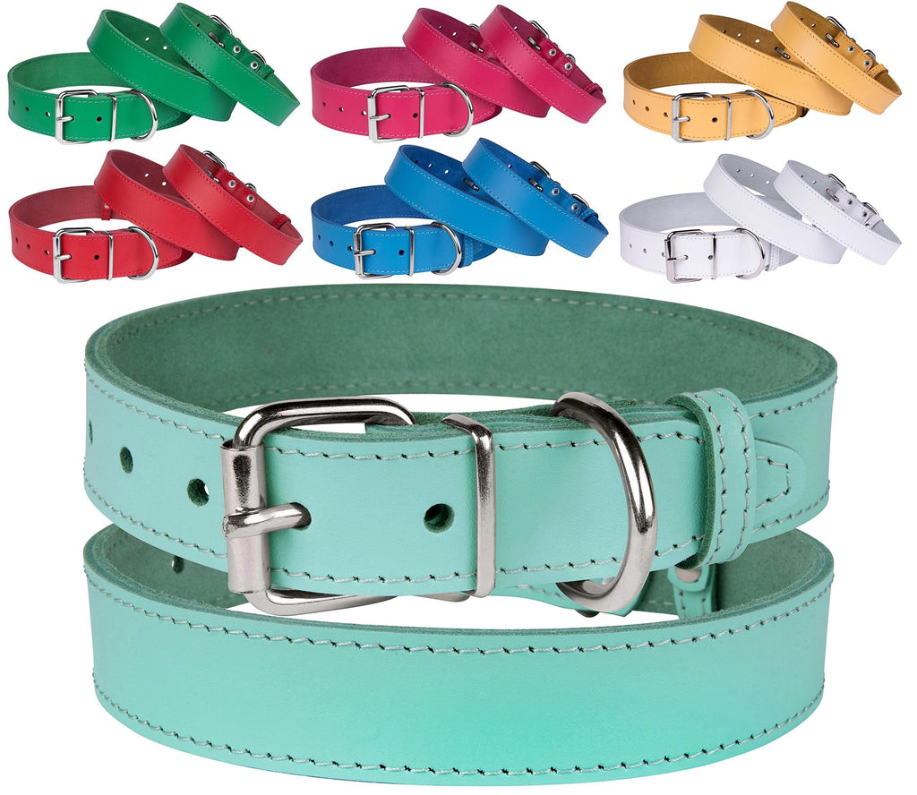 [Australia] - BRONZEDOG Handmade Genuine Leather Dog Collar, Puppy Leather Collar for Dogs, Small Medium Large, Pink Red Blue Green Turquoise White Yellow Neck Size 13" - 15" 