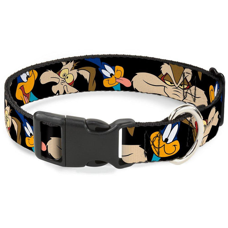 [Australia] - Dog Collar Plastic Clip Road Runner Wile E Coyote Expressions Close Up Black 11 to 17 Inches 1.0 Inch Wide 1" Wide - Fits 15-26" Neck - Large 