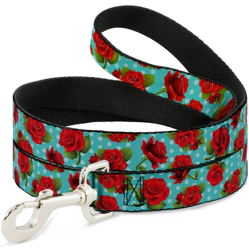 [Australia] - Buckle-Down DL-W31846-N Narrow 0.5" Red Roses/Polka Dots Turquoise Dog Leash, 4' 6 Feet Long - 1" Wide 