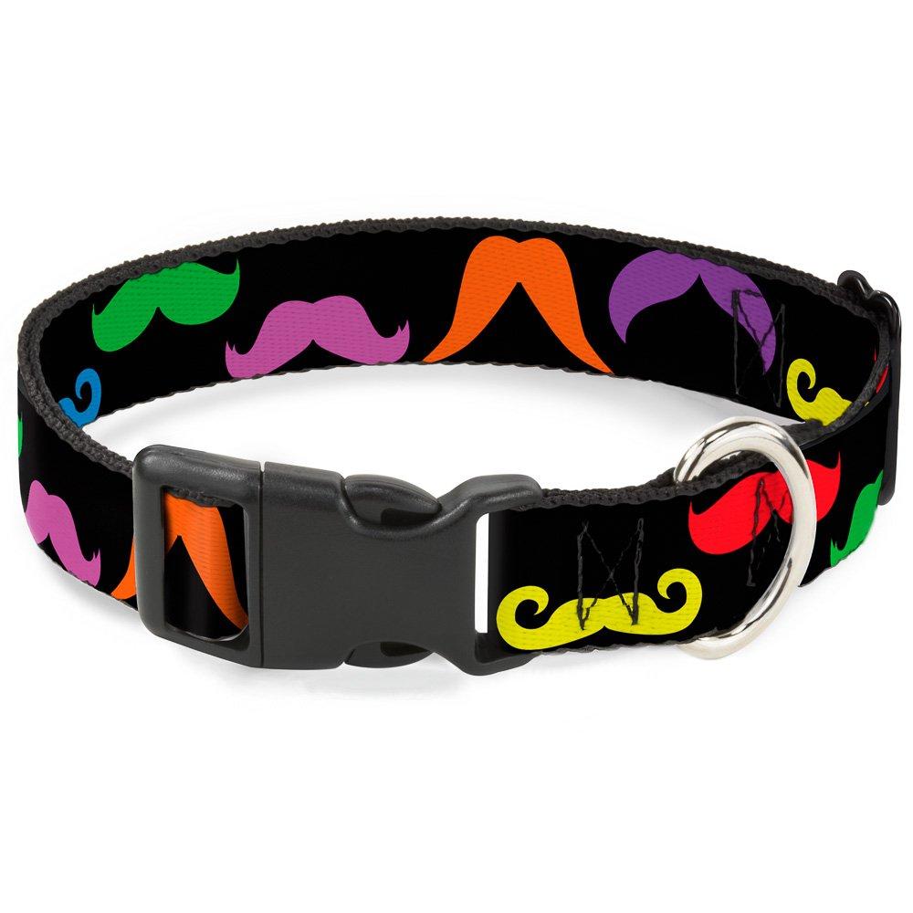 [Australia] - Buckle-Down Plastic Clip Collar - Mustaches Black/Multi Color - 1/2" Wide - Fits 9-15" Neck - Large 1" Wide - Fits 11-17" Neck - Medium 