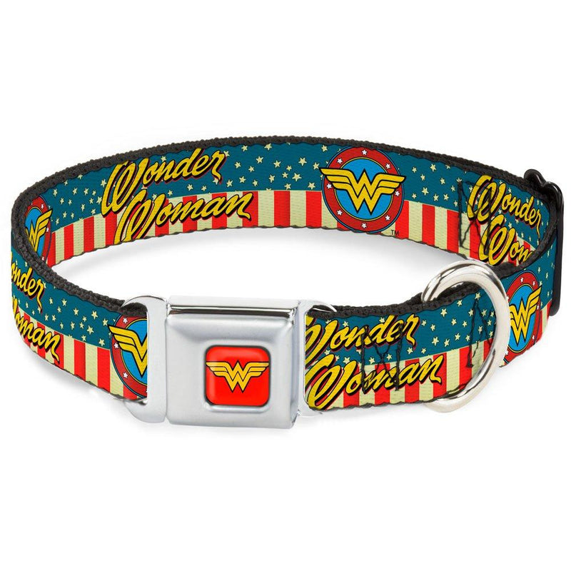 [Australia] - Buckle-Down Dog Collar Seatbelt Buckle Wonder Woman Logo Americana Red White Blue Yellow Available in Adjustable Sizes for Small Medium Large Dogs 1.5" Wide - Fits 18-32" Neck - Large 