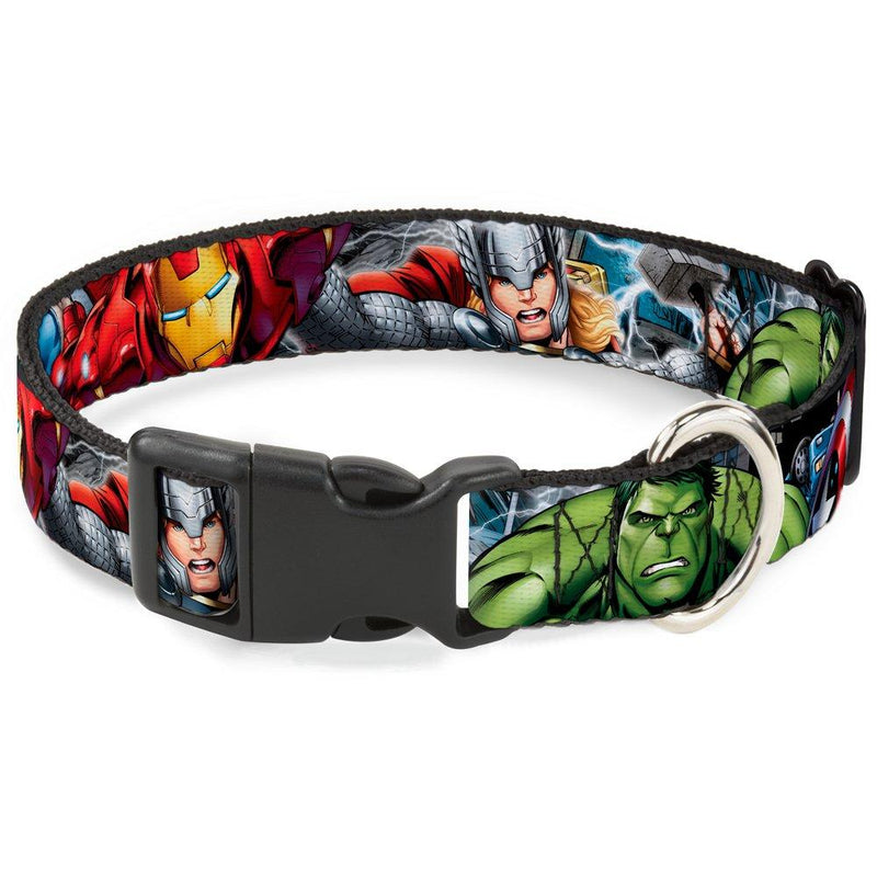 [Australia] - Buckle-Down Plastic Clip Collar - Marvel Avengers 4-Superhero Poses CLOSE-UP - 1" Wide - Fits 15-26" Neck - Large 