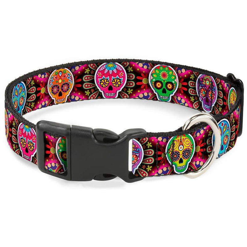 [Australia] - Buckle-Down Plastic Clip Collar - Six Sugar Skulls Multi Color - 1/2" Wide - Fits 8-12" Neck - Medium 