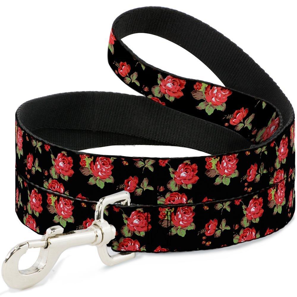 [Australia] - Buckle-Down Dog Leash Red Roses Scattered Black Available in Different Lengths and Widths for Small Medium Large Dogs and Cats 4 Feet Long - 1" Wide 