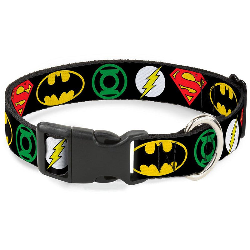 [Australia] - Buckle-Down Dog Collar Plastic Clip Justice League Superhero Logos 9 to 15 Inches 0.5 Inch Wide 1/2" Wide - Fits 8-12" Neck - Medium 