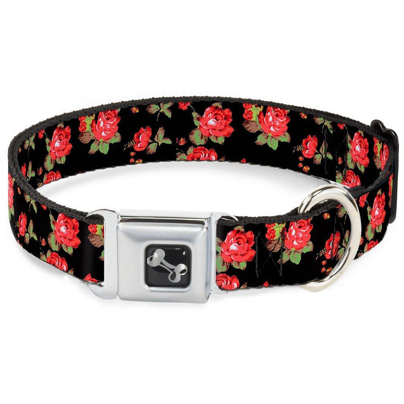 [Australia] - Dog Collar Seatbelt Buckle Red Roses Scattered Black 13 to 18 Inches 1.5 Inch Wide 