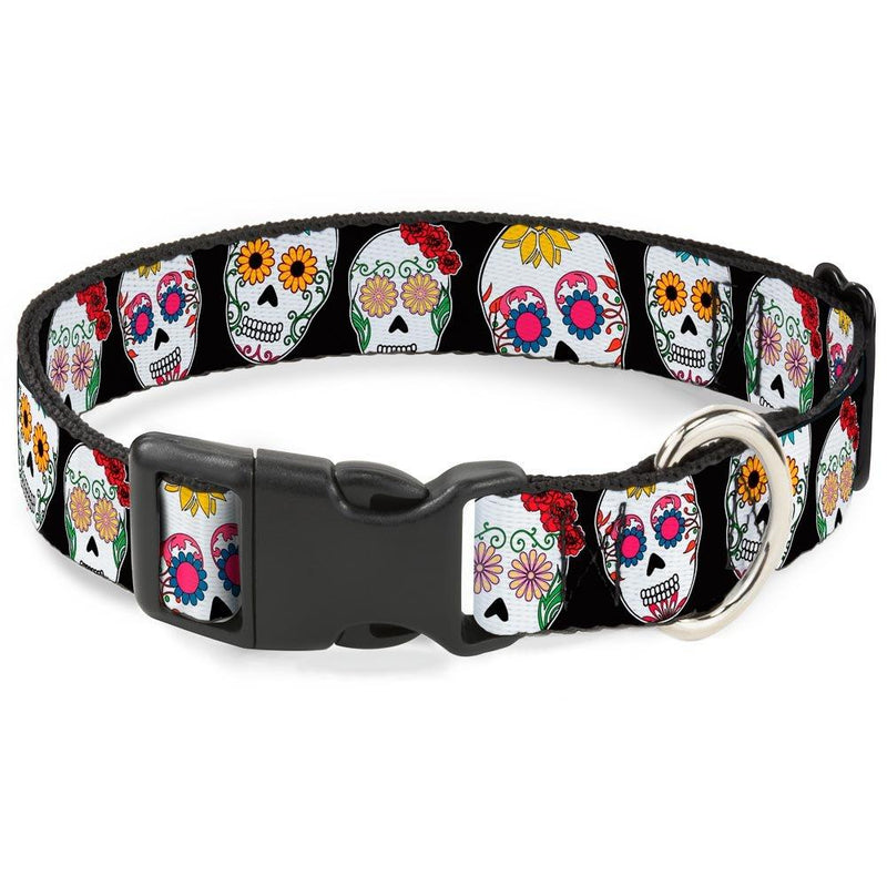 [Australia] - Buckle-Down Plastic Clip Collar - Sugar Skull Outline Black/Multi Color - 1/2" Wide - Fits 6-9" Neck - Small 