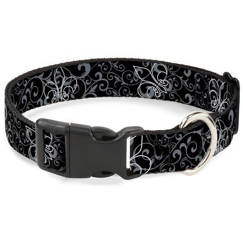 [Australia] - Buckle-Down Plastic Clip Collar - Fleur-de-Lis Outline w/Filigree Black/Gray - 1/2" Wide - Fits 6-9" Neck - Small 