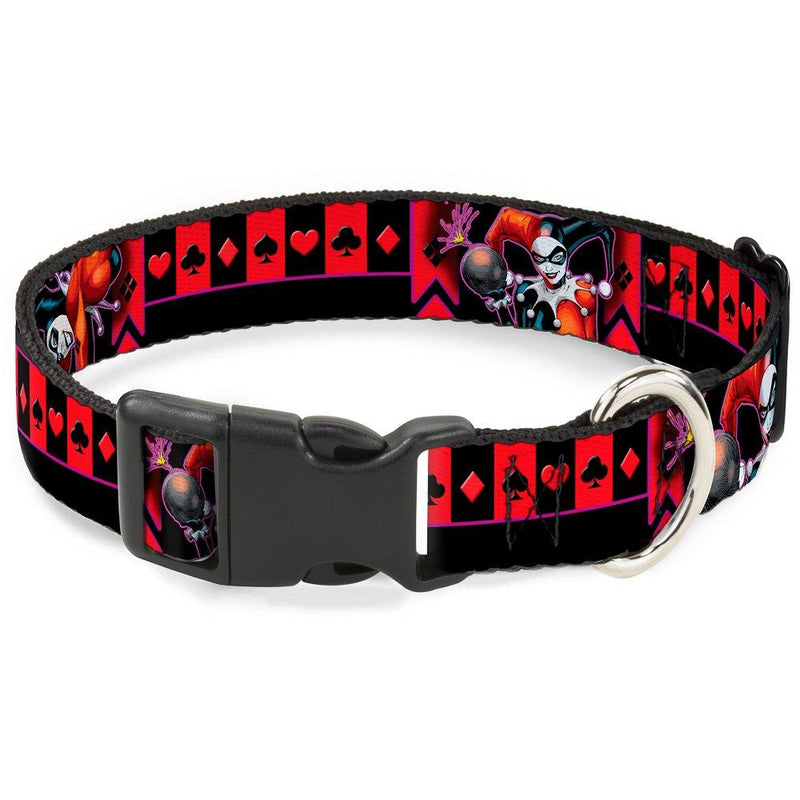 [Australia] - Dog Collar Plastic Clip Harley Quinn Bomb Poses Suits Black Purple Red 18 to 32 Inches 1.5 Inch Wide 1" Wide - Fits 9-15" Neck - Small 