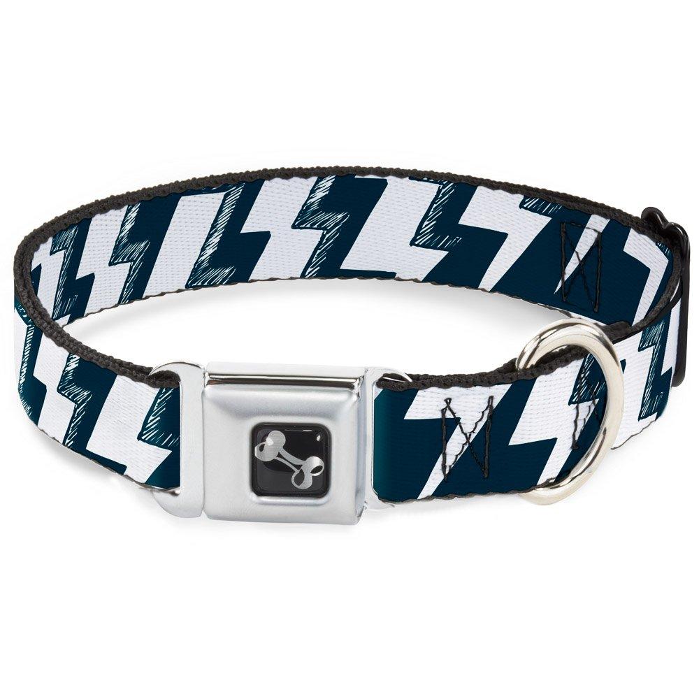 [Australia] - Dog Collar Seatbelt Buckle Lightning Bolts Sketch Navy White 15 to 26 Inches 1.0 Inch Wide 