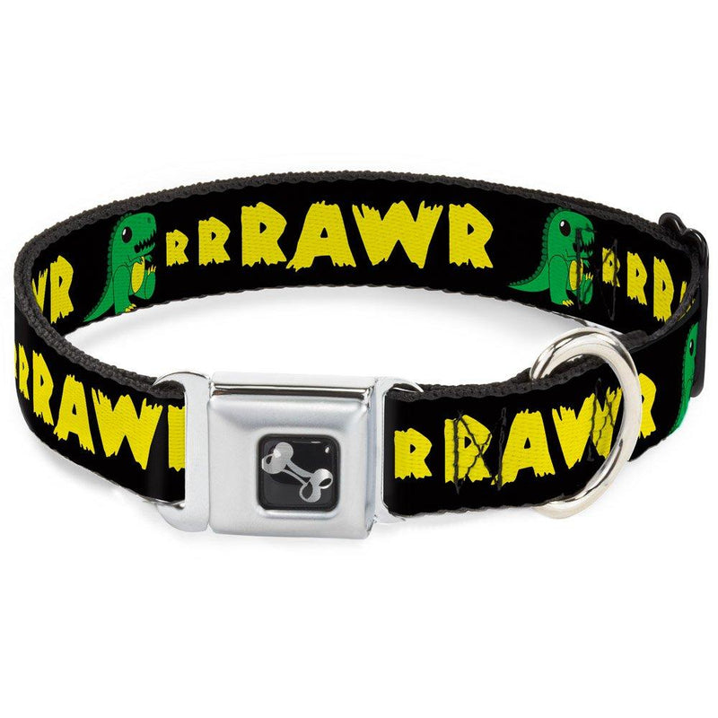 [Australia] - Buckle-Down Seatbelt Buckle Dog Collar - RRRAWR Dinosaur Black/Green/Yellow 1.5" Wide - Fits 16-23" Neck - Medium 