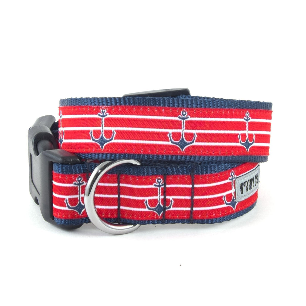 [Australia] - The Worthy Dog Anchors Navy Blue Pattern Designer Adjustable and Comfortable Nylon Webbing, Side Release Buckle Collar for Dogs - Fits Small, Medium and Large Dogs, Red Color L 