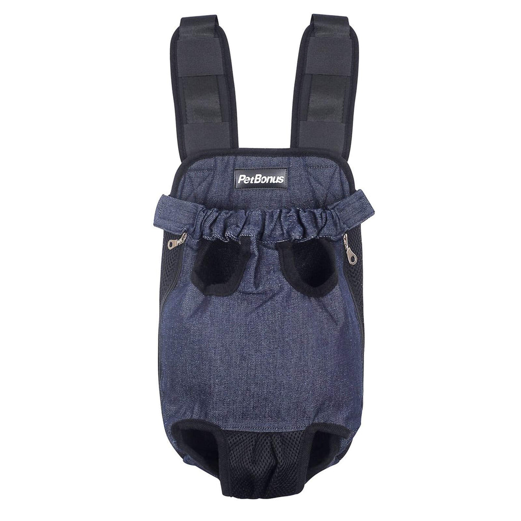 PetBonus Denim Front Kangaroo Pouch Dog Carrier, Wide Straps with Shoulder Pads, Adjustable and Legs Out Pet Backpack Carrier, for Walking, Travel, Hiking, Camping Small Blue - PawsPlanet Australia