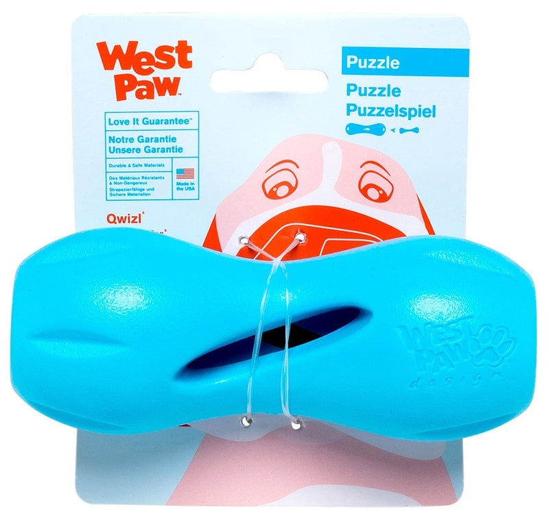 WEST PAW Zogoflex Qwizl Dog Puzzle Treat Toy – Interactive Chew Toy for Dogs – Dispenses Pet Treats – Brightly-Colored Dog Puzzles for Aggressive Chewers, Fetch, Catch, Non-Toxic, Made in USA Small Aqua - PawsPlanet Australia