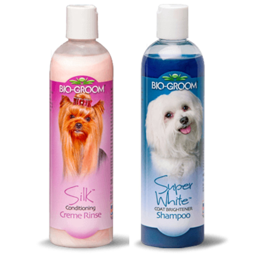 [Australia] - Bio-Groom Super White Coat Brightener Shampoo, 12 ounces, and Bio-Groom Silk Conditioning Creme Rinse, 12 ounces - Combo Pack for Dogs and Cats - 2 Items Total 