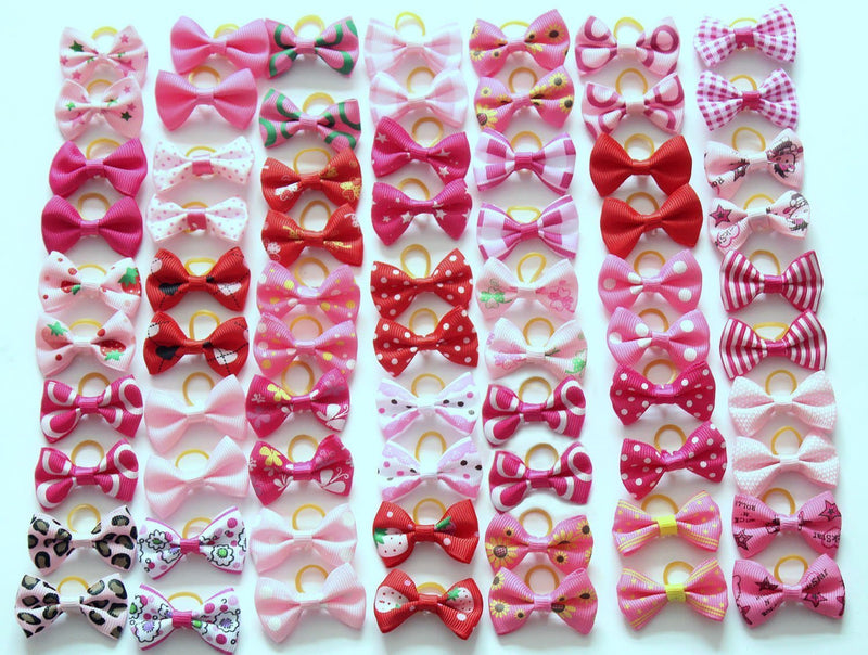 [Australia] - yagopet 50pcs/25 Pairs New Dog Hair Bows Red Rose Pink for Girls Dog Topknot with Rubber Bands Durable Small Bowknot Pet Grooming Products Accessories 