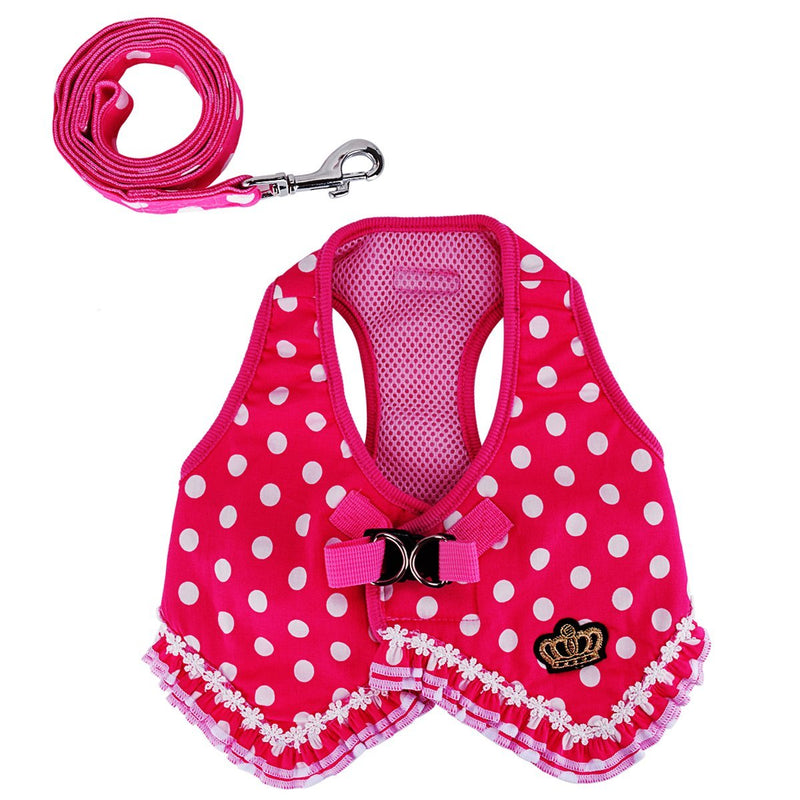 [Australia] - wowowo Small Dog Leash and Harness Set Stylish Lace Polka Dot Pink Puppy Cats Vest Harness Medium 