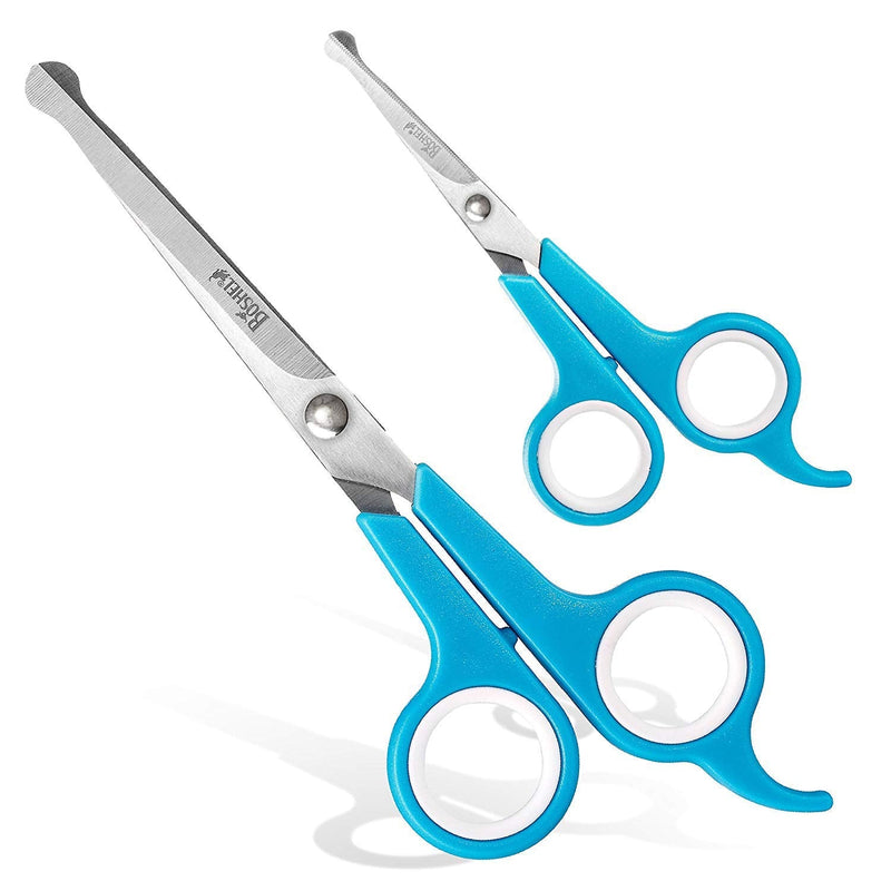 BOSHEL Dog Grooming Scissors Set - 2 Pet Grooming Scissors – Safe Rounded Tips – 1 Small Micro Serrated Dog Trimming Scissor For Face, Ear, Nose & Paw + 1 Larger Dog Scissor - Dog Grooming Shears Set 2 Pack - PawsPlanet Australia