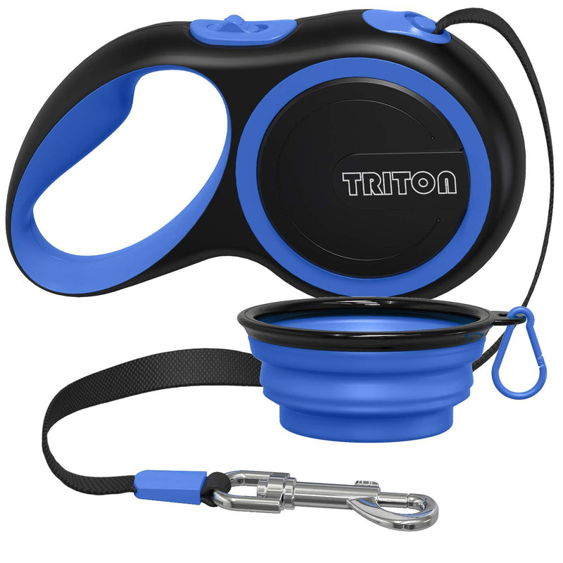 [Australia] - Triton Retractable Dog Leash - 16 ft Reinforced Nylon Ribbon with Collapsible Water Bowl, One Touch Locking System, Tangle-Free, Anti-Slip Rubberized Handle 