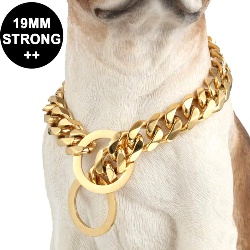 [Australia] - W&W Lifetime Custom Ultra Strong 19MM 14K Gold Plated Slip Chain Dog Collar - for Pit Bull Mastiff Bulldog Big Breeds O Clasp 18" Collar 