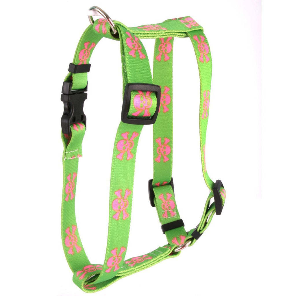 [Australia] - Yellow Dog Design Green and Pink Skulls Roman Style H Dog Harness Extra Small 8" - 14" 