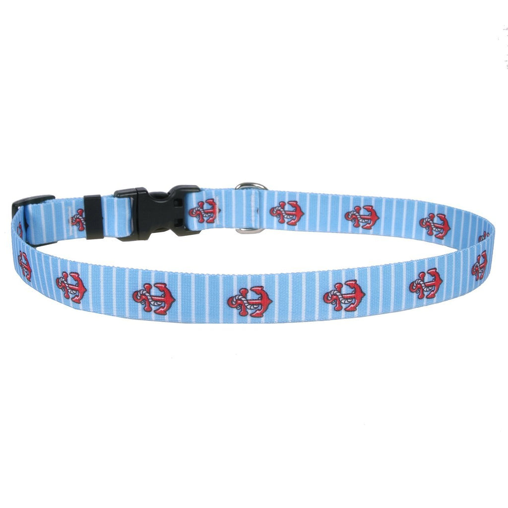 [Australia] - Yellow Dog Design Anchors On Blue Stripes Dog Collar 3/8" Wide and Medium 14" - 20" x 3/4" Wide 