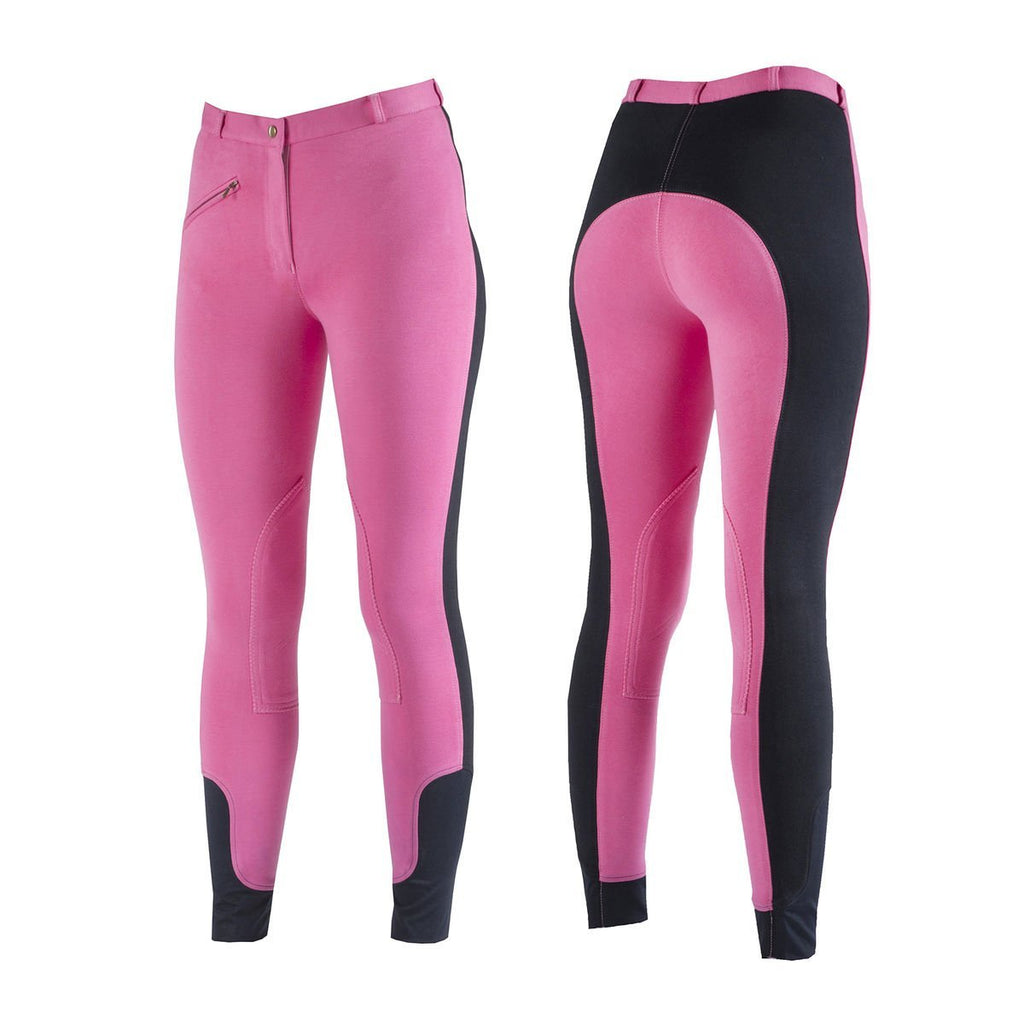HORZE Women's Soft Knee Patch Breeches with Front Pocket, All-Weather Full Seat Horse Riding Pants for Adult Woman | Pink 22 - PawsPlanet Australia