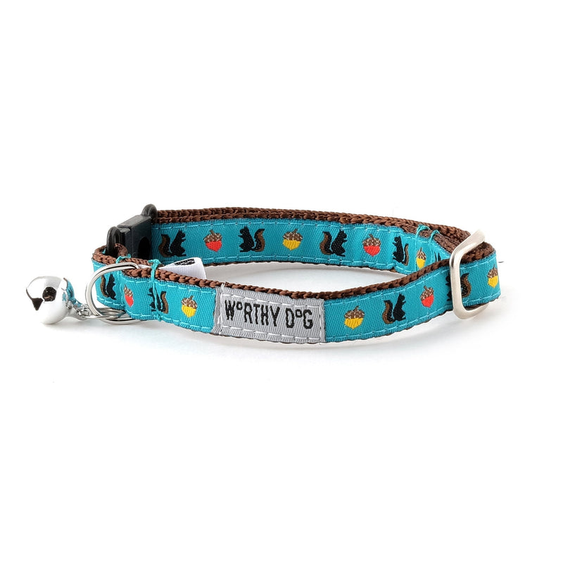 [Australia] - The Worthy Dog Squirrelly, Squirrel and Acorn Adjustable Designer Pet Cat Collar, Teal, 10" 