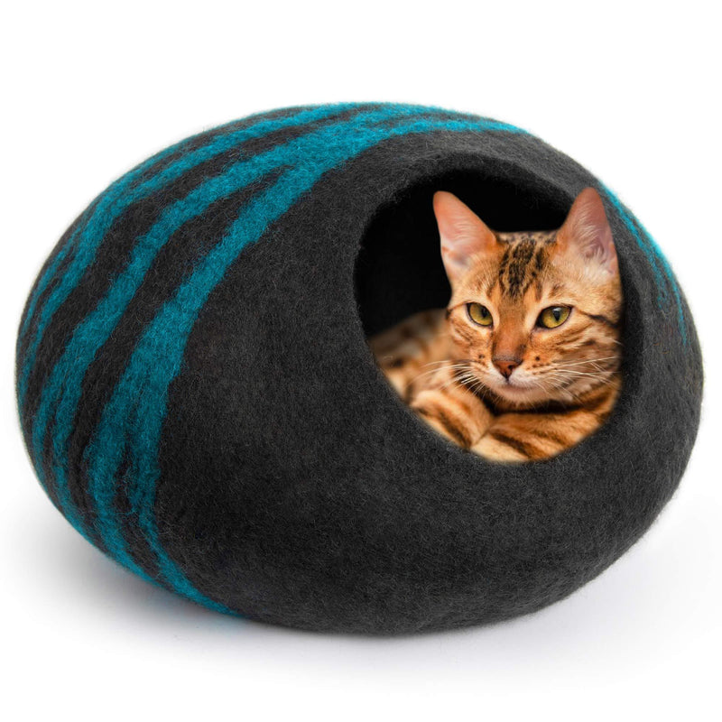 MEOWFIA Premium Cat Bed Cave (Large) - Eco Friendly 100% Merino Wool Beds for Cats and Kittens Asphalt/Aquamarine - PawsPlanet Australia