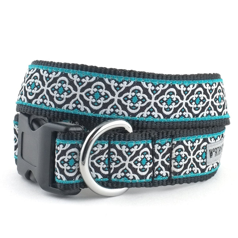 [Australia] - The Worthy Dog Knightsbridge Pattern Designer Adjustable and Comfortable Nylon Webbing, Side Release Buckle Collar for Dogs - Fits Small, Medium and Large Dogs, Teal Color Teal, M 