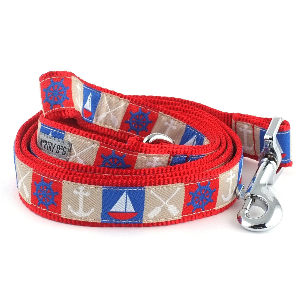 [Australia] - The Worthy Dog Ahoy Sail Boat Pattern Lead, Designer Comfortable Nylon Webbing Leash Fits Small, Medium and Large Dogs-Red Red, 5/8" x 5' 