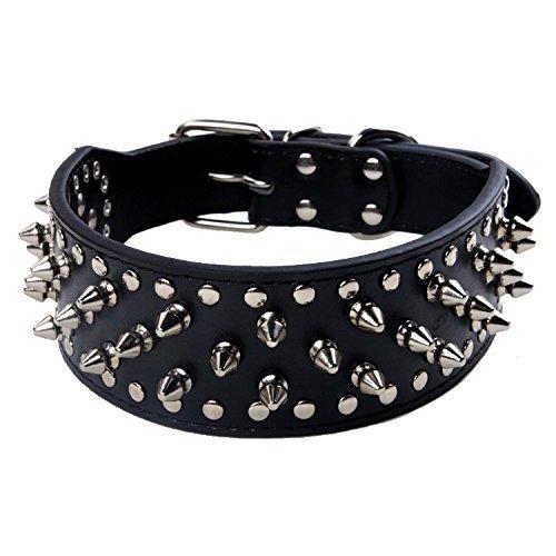 [Australia] - BONAWEN Leather Dog Collar Studded Dog Collar with Spikes for Large Medium Dogs,2" Width Neck Girth:16-19" Black 