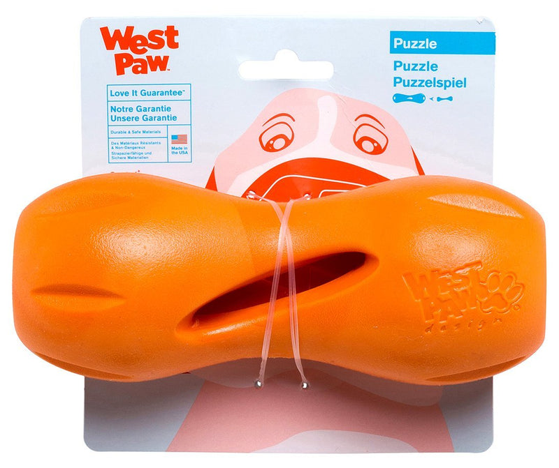 [Australia] - West Paw Zogoflex Qwizl Dog Puzzle Treat Toy – Interactive Chew Toy for Dogs – Dispenses Pet Treats – Brightly-Colored Dog Puzzles for Aggressive Chewers, Fetch, Catch, Non-Toxic, Made in USA Large Tangerine 