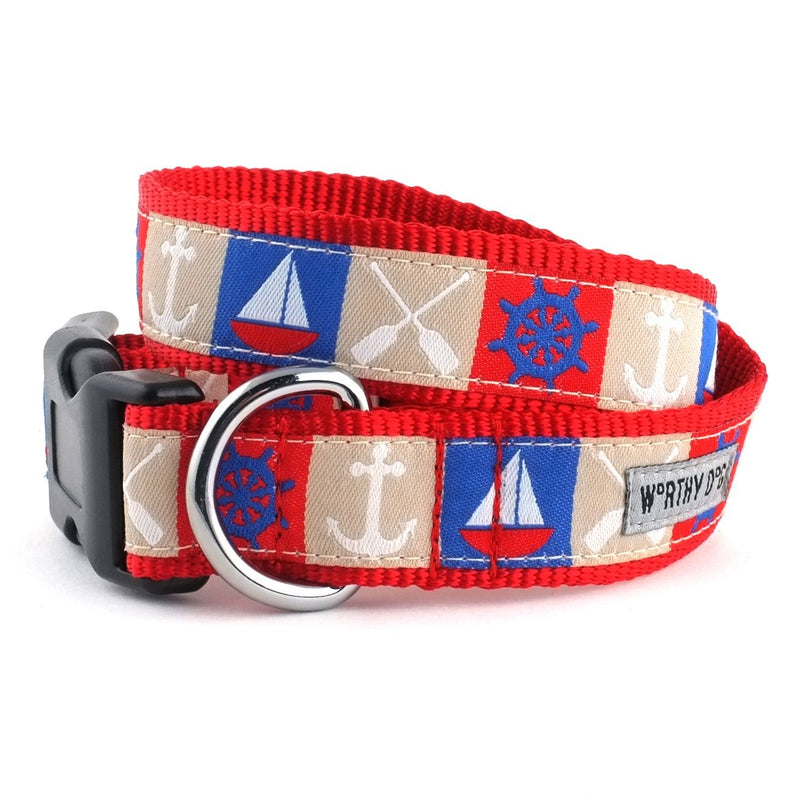 [Australia] - The Worthy Dog Ahoy Sail Boat Pattern Designer Adjustable and Comfortable Nylon Webbing, Side Release Buckle Collar for Dogs - Fits Small, Medium and Large Dogs, Red Color 