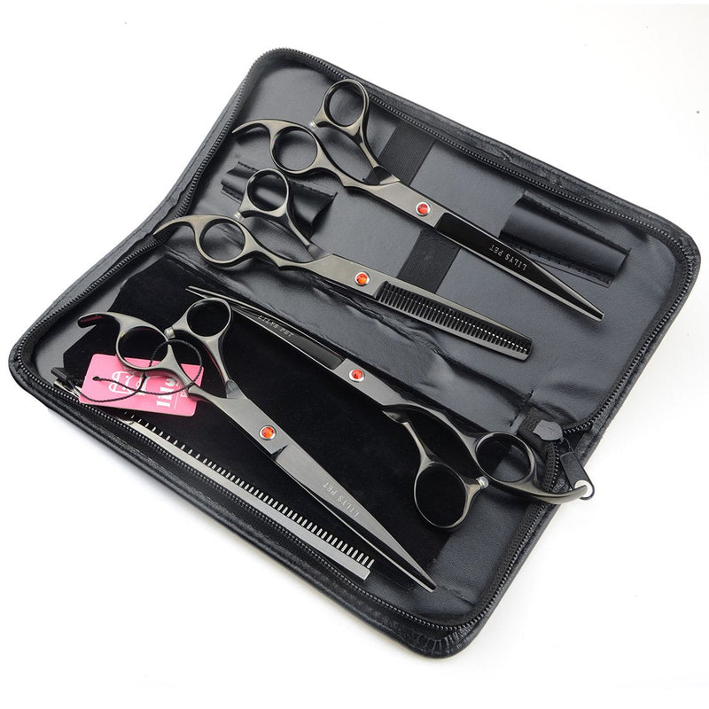LILYS PET Professional PET Dog Grooming Coated Titanium Scissors Suit Cutting&Curved&Thinning Shears 7.0 inches Black - PawsPlanet Australia