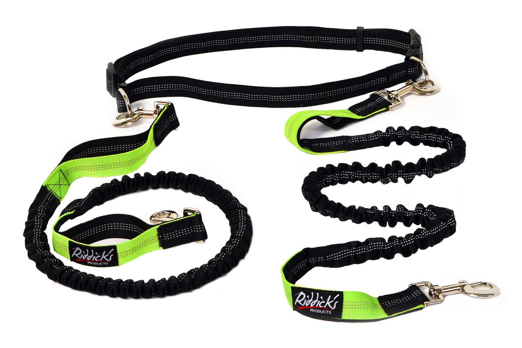 [Australia] - Riddick’s Hands Free One & Two Dog Leashes for Running, Walking, Hiking, Training, Premium Dual-Handle 4ft Bungee Leash, Reflective Stitching, Adjustable Waist Belt, Accessories New for Two Dog Leash 2 dog Black-Greenii 