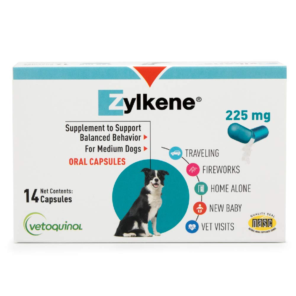 Vetoquinol Zylkene Calming Supplements for Medium Dogs from 23-65lbs, Helps Relieve Dog Anxiety and Cat Anxiety, Non Drowsy, 225mg 14 Capsules - PawsPlanet Australia