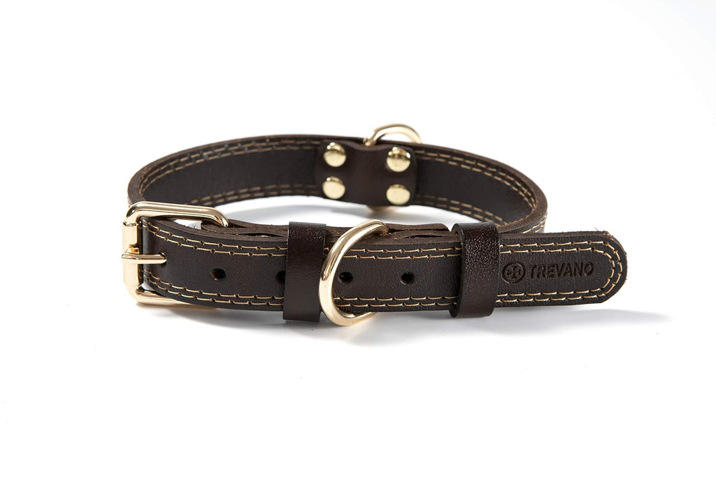 [Australia] - TREVANO Genuine Leather Dog Collar with Alloy Buckle and Double D Rings Large Brown 